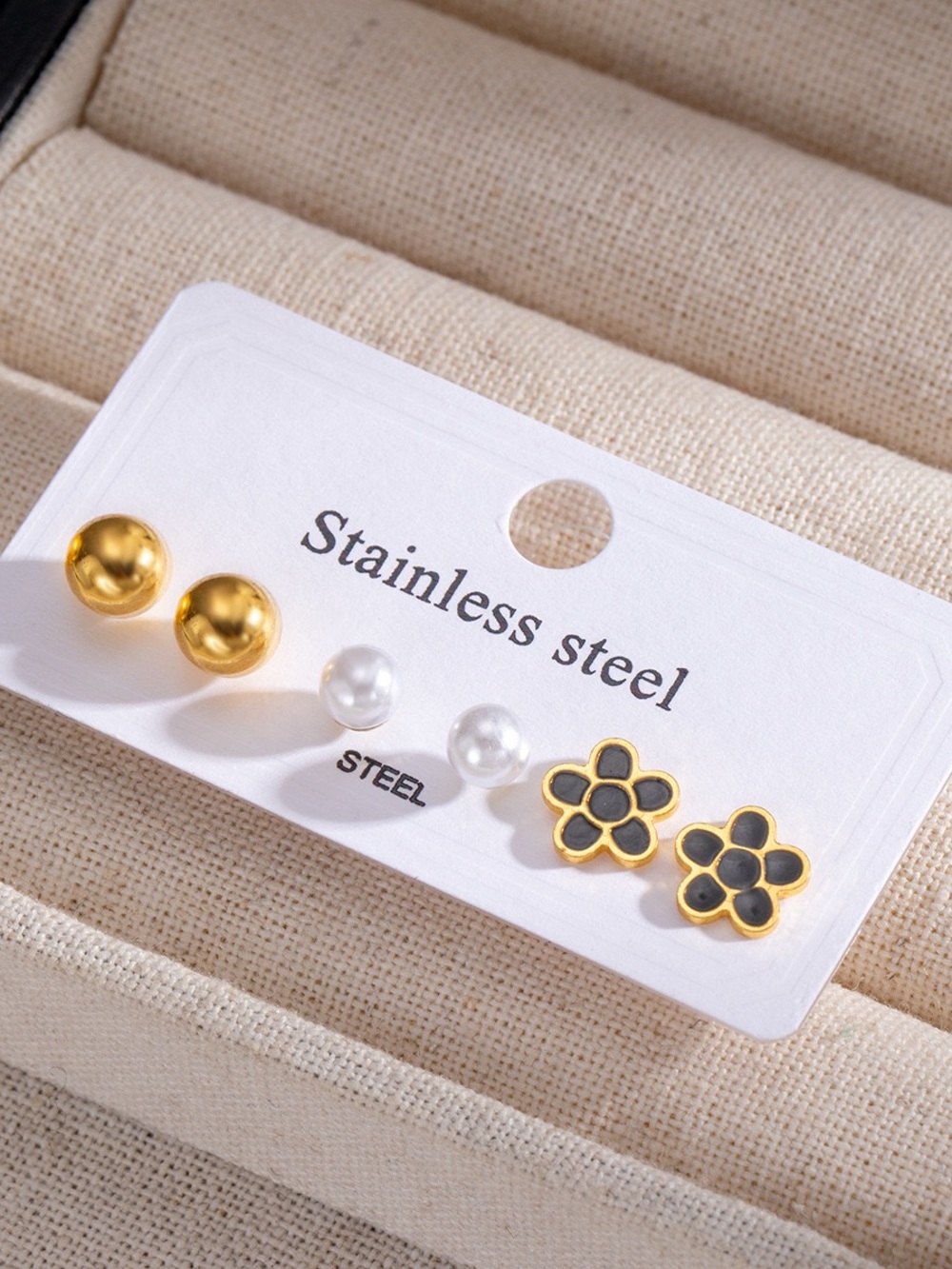 Stainless Steel Women's Earring Set - Gold, Pearl & Black Flower